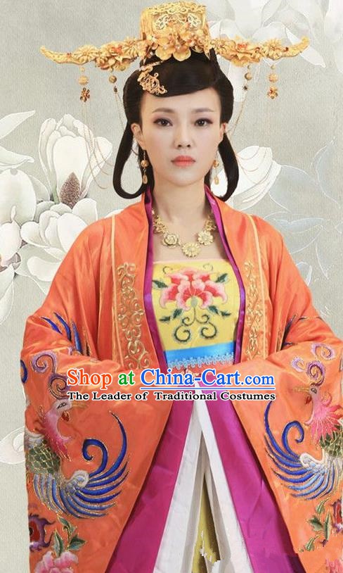 Ancient Chinese Ming Dynasty Empress Xu of Zhu Di Embroidered Dress Replica Costume and Headpiece Complete Set for Women