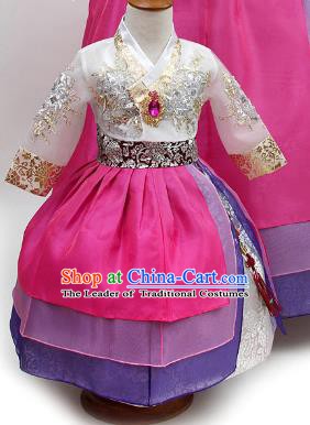 Top Grade Korean Palace Hanbok Traditional White Blouse and Rosy Dress Fashion Apparel Costumes for Kids