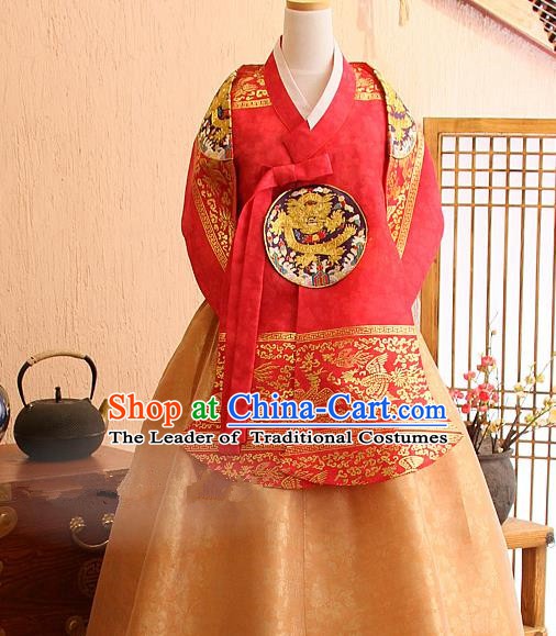 Top Grade Korean Palace Hanbok Traditional Red Blouse and Golden Dress Fashion Apparel Costumes for Women