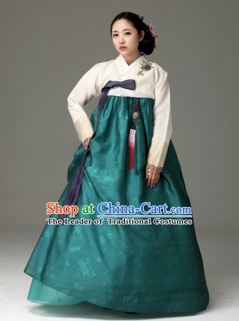 Top Grade Korean Hanbok Traditional Beige Blouse and Green Dress Fashion Apparel Costumes for Women