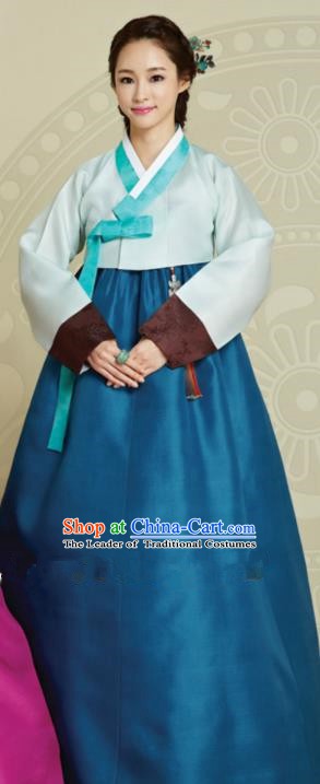 Top Grade Korean Hanbok Traditional Green Blouse and Blue Dress Fashion Apparel Costumes for Women