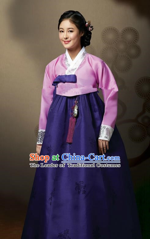 Top Grade Korean Hanbok Traditional Pink Blouse and Purple Dress Fashion Apparel Costumes for Women