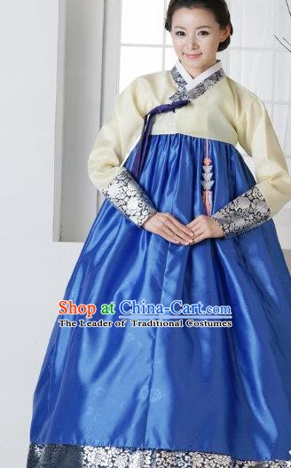 Top Grade Korean Traditional Hanbok Yellow Blouse and Blue Dress Fashion Apparel Costumes for Women