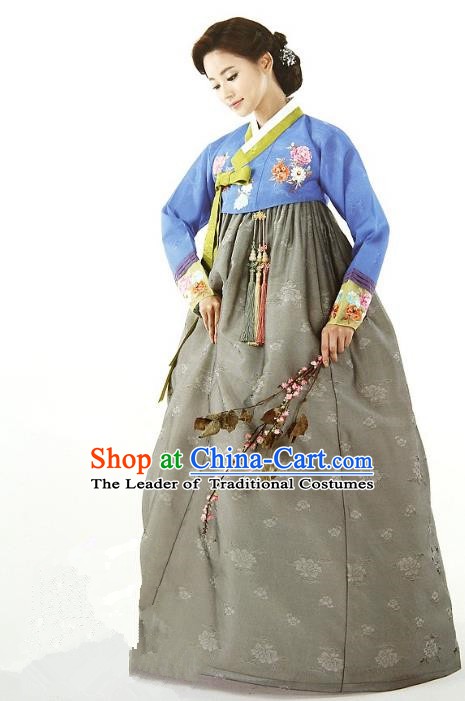 Top Grade Korean Traditional Hanbok Blue Blouse and Grey Dress Fashion Apparel Costumes for Women