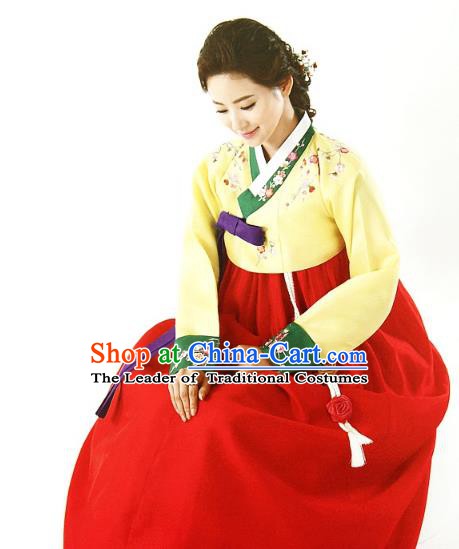 Top Grade Korean Traditional Hanbok Embroidered Yellow Blouse and Red Dress Fashion Apparel Costumes for Women
