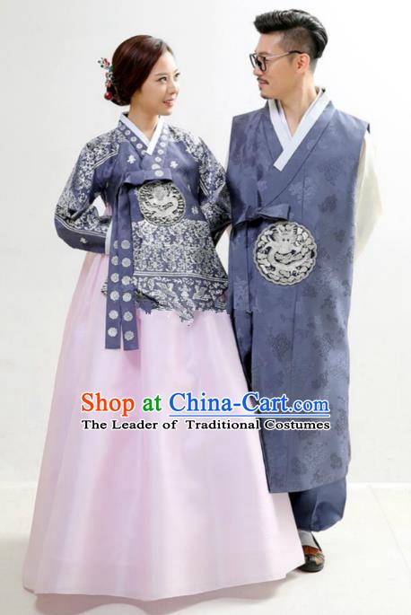 Asian Korean Traditional Wedding Embroidered Hanbok Ancient Korean Bride and Bridegroom Costumes Complete Set