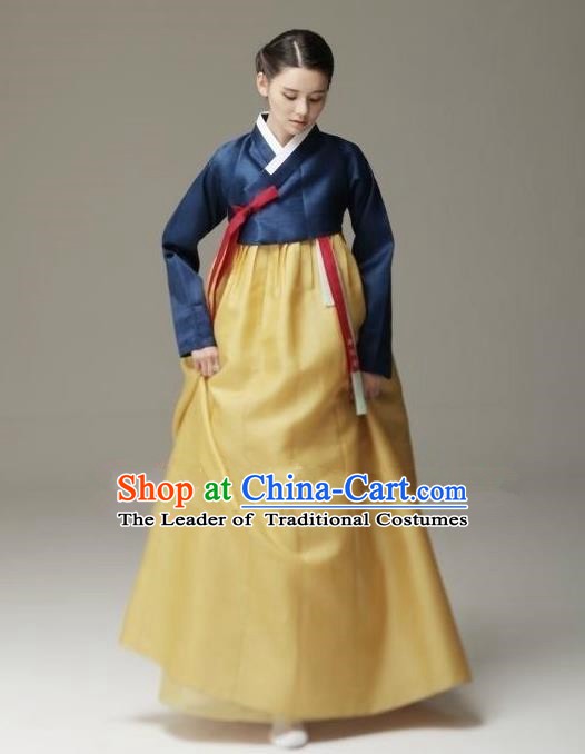 Top Grade Korean Hanbok Traditional Navy Blouse and Yellow Dress Fashion Apparel Costumes for Women