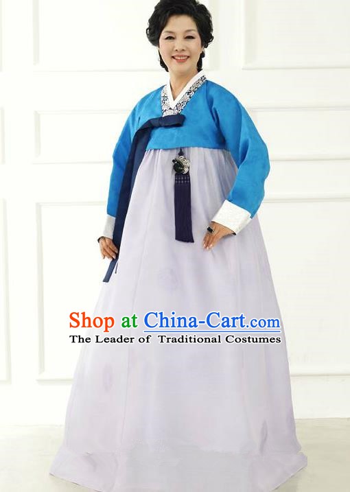 Top Grade Korean Hanbok Traditional Hostess Blue Blouse and White Dress Fashion Apparel Costumes for Women