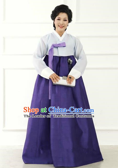 Top Grade Korean Hanbok Traditional Hostess Grey Blouse and Purple Dress Fashion Apparel Costumes for Women