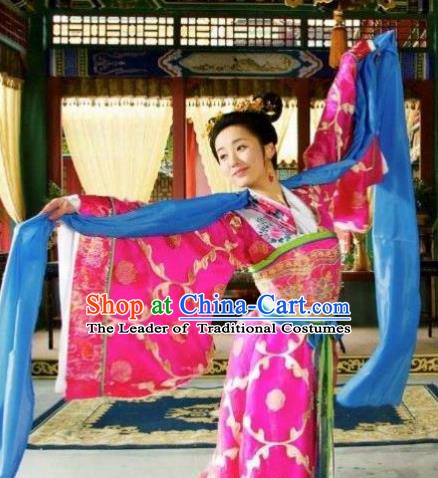 Chinese Ancient Ming Dynasty Imperial Concubine Embroidered Dance Dress Costume and Headpiece Complete Set for Women