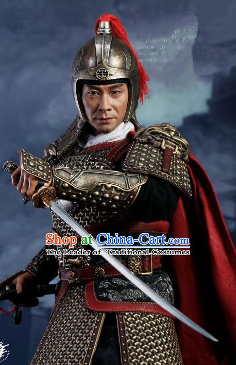 Traditional Chinese Ancient Ming Dynasty Invasions General Qi Jiguang Costume Helmet and Armour for Men