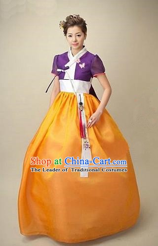 Top Grade Korean Hanbok Traditional Bride Purple Blouse and Orange Dress Fashion Apparel Costumes for Women