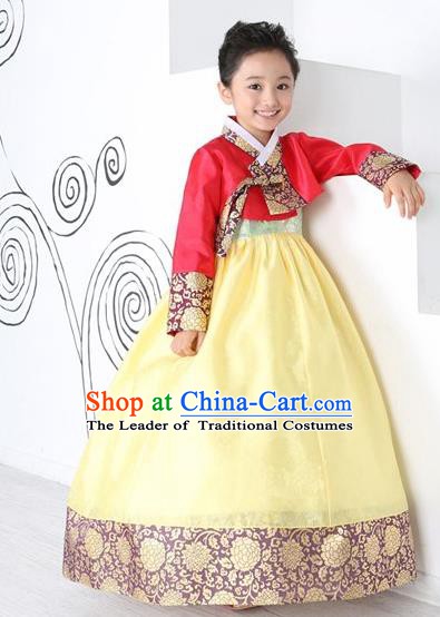 Top Grade Korean Hanbok Traditional Red Blouse and Yellow Dress Fashion Apparel Costumes for Kids
