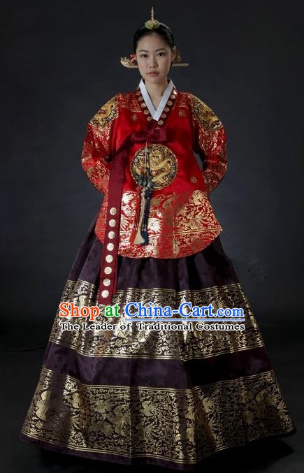 Top Grade Korean Palace Hanbok Traditional Red Blouse and Purple Dress Fashion Apparel Costumes for Women