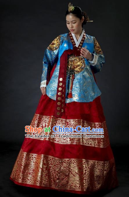 Top Grade Korean Palace Hanbok Traditional Blue Blouse and Red Dress Fashion Apparel Costumes for Women
