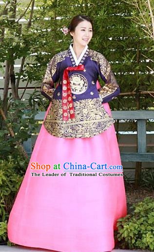Top Grade Korean Palace Hanbok Traditional Purple Blouse and Pink Dress Fashion Apparel Costumes for Women