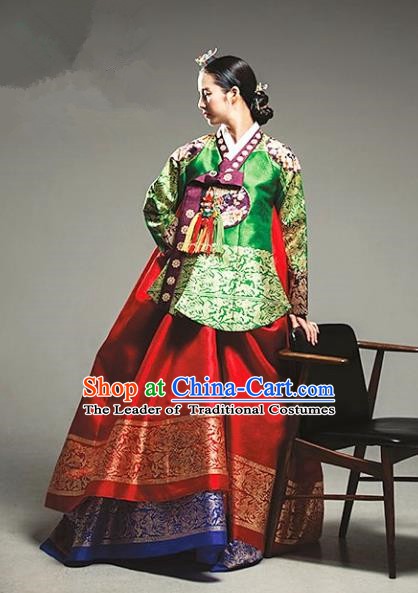 Top Grade Korean Palace Hanbok Traditional Empress Green Blouse and Red Dress Fashion Apparel Costumes for Women