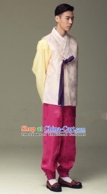 Asian Korean Hanbok Ancient Bridegroom Traditional Costume Pink Vest and Rosy Pants for Men