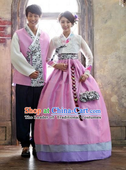 Asian Korean Traditional Pink Costume Ancient Bridegroom and Bride Hanbok Complete Set