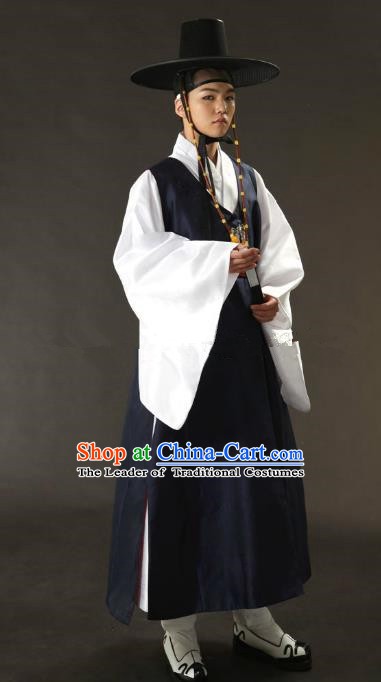 Asian Korean Traditional Costume Ancient Nobility Childe Bridegroom Navy Hanbok for Men
