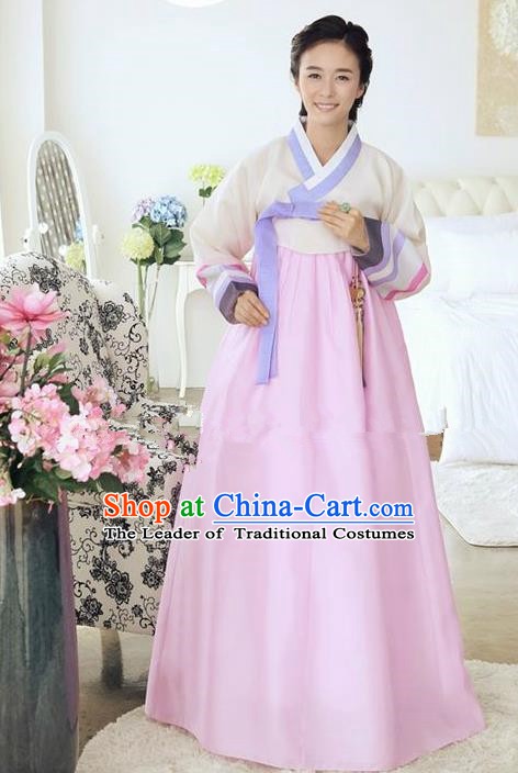 Top Grade Korean Traditional Hanbok Ancient Palace White Blouse and Pink Dress Fashion Apparel Costumes for Women