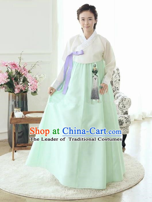 Top Grade Korean Traditional Hanbok Ancient Palace White Blouse and Green Dress Fashion Apparel Costumes for Women