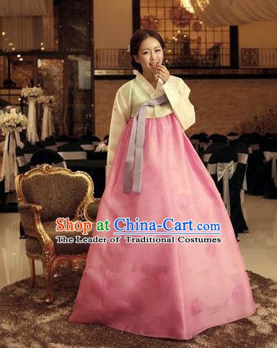 Top Grade Korean Traditional Hanbok Ancient Fashion Apparel Costumes Palace Blouse and Pink Dress for Women