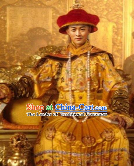Traditional Chinese Ancient Qing Dynasty Guangxu Emperor Costume Embroidered Imperial Robe for Men