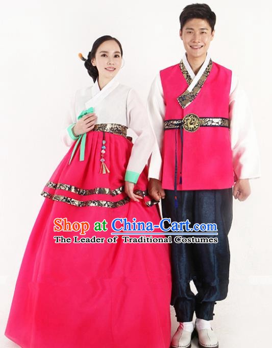 Asian Korean Traditional Wedding Rosy Costumes Palace Hanbok Ancient Korean Bride and Bridegroom Costumes Complete Set