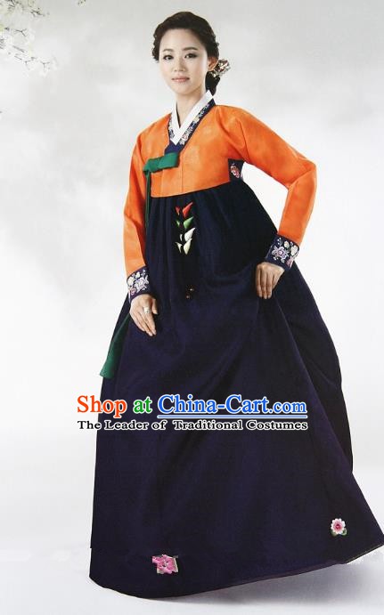 Top Grade Korean Hanbok Ancient Traditional Fashion Apparel Costumes Orange Blouse and Navy Dress for Women