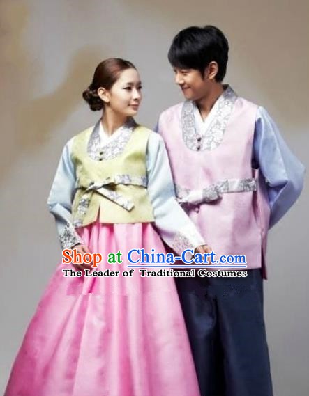 Asian Korean Traditional Wedding Pink Costumes Palace Hanbok Ancient Korean Bride and Bridegroom Costumes Complete Set