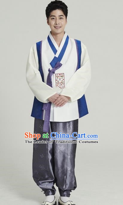 Asian Korean Traditional Costumes Ancient Korean Hanbok Bridegroom White Vest and Grey Pants for Men