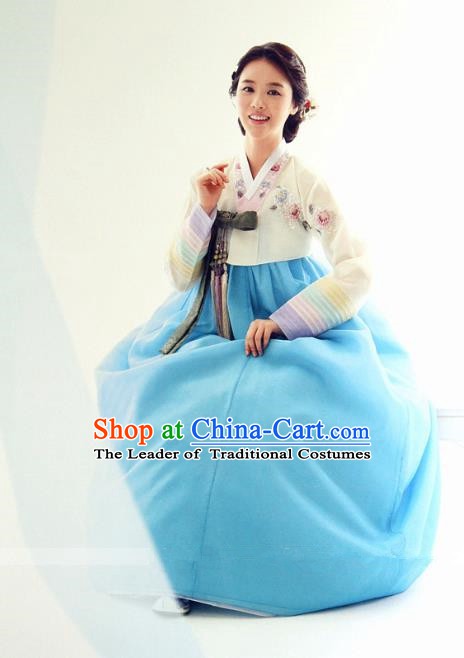 Top Grade Korean Hanbok Ancient Traditional Fashion Apparel Costumes Beige Blouse and Blue Dress for Women