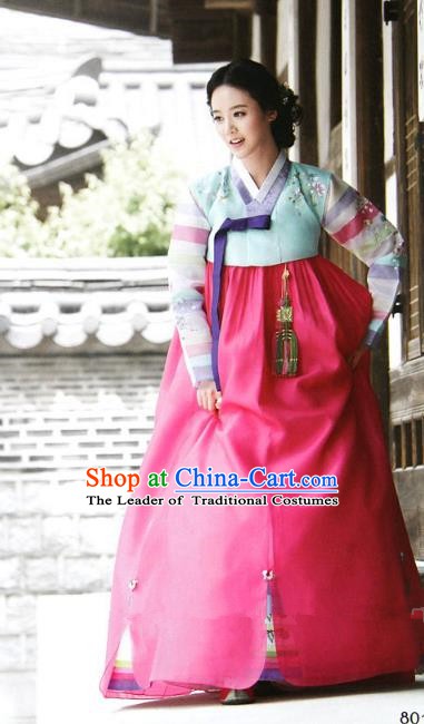 Top Grade Korean Hanbok Ancient Traditional Fashion Apparel Costumes Blue Blouse and Rosy Dress for Women