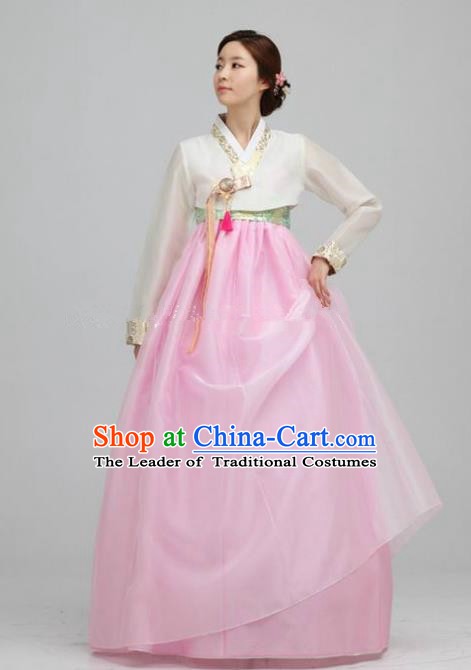 Top Grade Korean Traditional Hanbok Ancient Fashion Apparel Costumes White Blouse and Pink Dress for Women