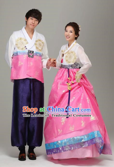 Asian Korean Traditional Costumes Ancient Korean Pink Hanbok Bride and Bridegroom Wedding Costumes Complete Set