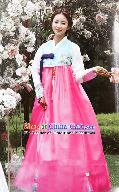 Top Grade Korean Hanbok Blue Blouse and Pink Dress Ancient Traditional Fashion Apparel Costumes for Women