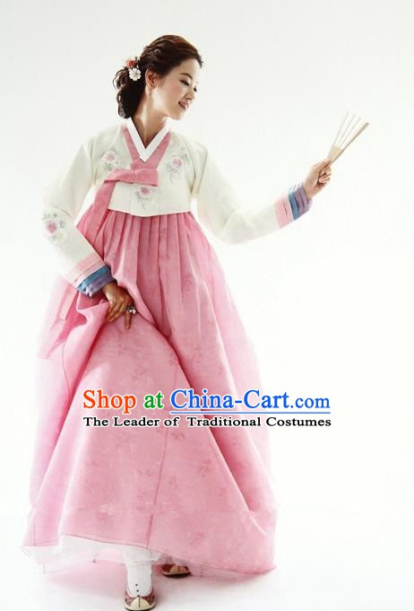Korean Traditional Hanbok White Blouse and Pink Dress Ancient Fashion Apparel Costumes for Women