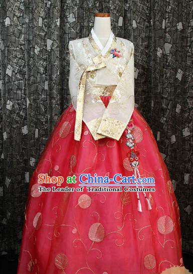 Korean Traditional Hanbok White Blouse and Red Dress Ancient Fashion Apparel Costumes for Women