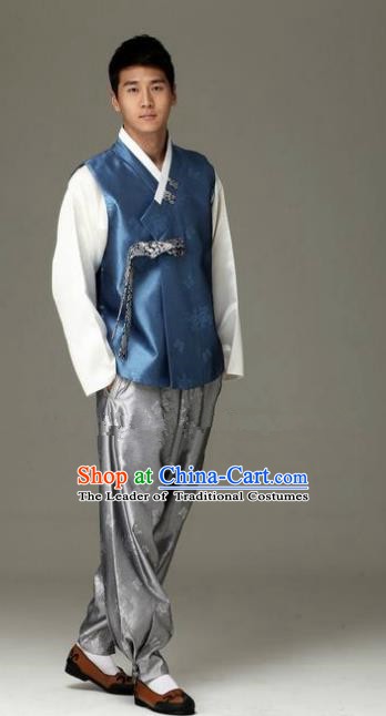 Traditional Korean Costumes Ancient Korean Male Hanbok Bridegroom Costume Blue Vest and Grey Pants for Men