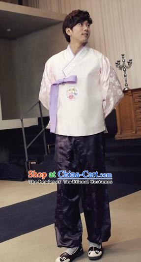Traditional Korean Costumes Ancient Korean Male Hanbok Bridegroom White Vest and Purple Pants for Men