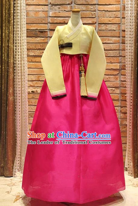 Korean Traditional Hanbok Bride Yellow Blouse and Rosy Dress Ancient Formal Occasions Fashion Apparel Costumes for Women
