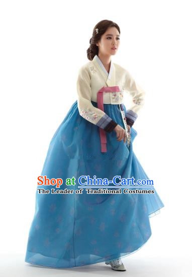 Korean Traditional Bride Hanbok Beige Blouse and Blue Embroidered Dress Ancient Formal Occasions Fashion Apparel Costumes for Women