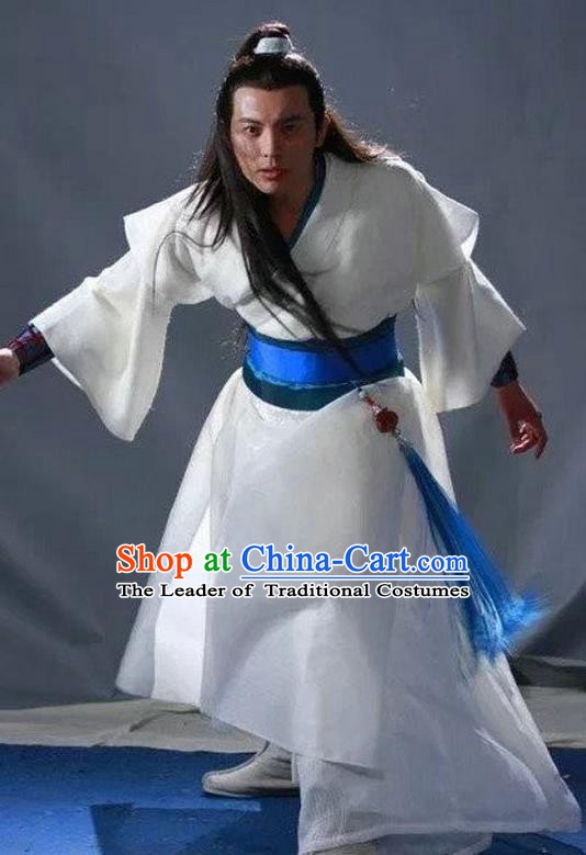 Chinese Ming Dynasty Swordsman Hanfu White Clothing Ancient Knight-errant Replica Costume for Men