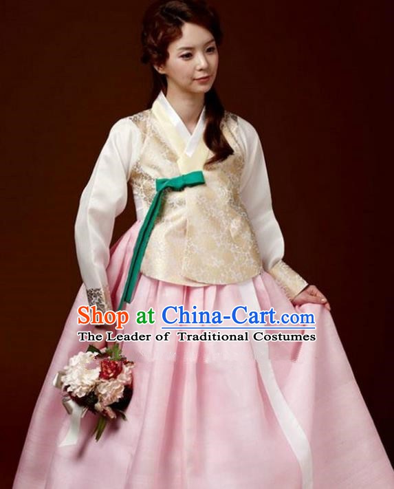Korean Traditional Bride Hanbok Golden Blouse and Pink Embroidered Dress Ancient Formal Occasions Fashion Apparel Costumes for Women