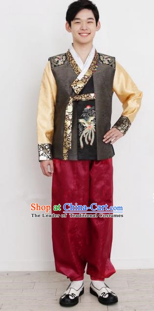 Traditional Korean Costumes Ancient Korean Bridegroom Hanbok Brown Vest and Red Pants for Men