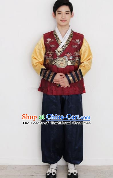Traditional Korean Costumes Ancient Korean Bridegroom Hanbok Wine Red Vest and Navy Pants for Men