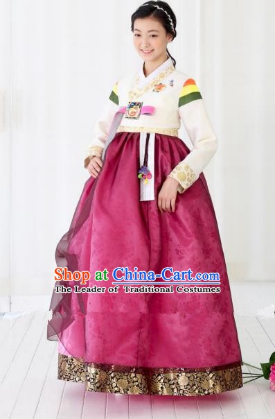 Korean Traditional Bride Hanbok White Blouse and Purple Embroidered Dress Ancient Formal Occasions Fashion Apparel Costumes for Women
