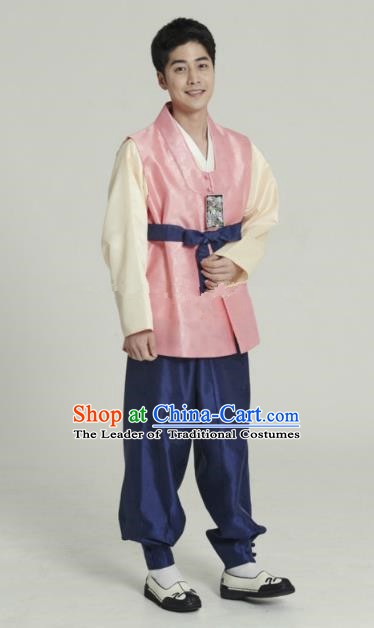 Traditional Korean Costumes Ancient Korean Bridegroom Hanbok Pink Vest and Navy Pants for Men