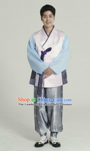 Traditional Korean Costumes Ancient Palace Korean Bridegroom Hanbok Pink Vest and Grey Pants for Men